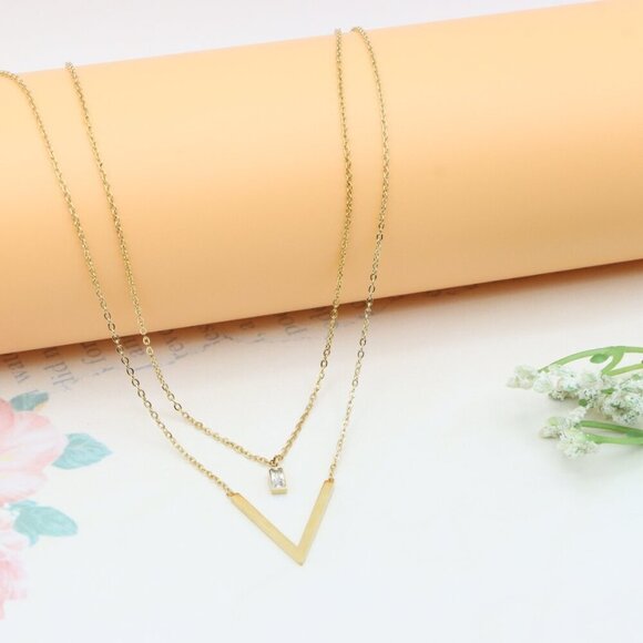 Yellow Gold Double Layer V Pendant Necklace, XPNL0359 - Picture 9 of 13